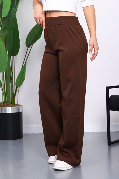İmajButik Brown High Waist Corded Fabric Wide Leg Knitwear Trousers