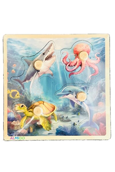 Almido Wooden peg puzzle, 4 pieces with knob, Marine Animals, Almido, Multicolor