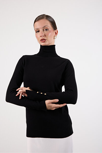 Clothes Fast Women's Black Snap Sleeve Turtleneck Knit Blouse