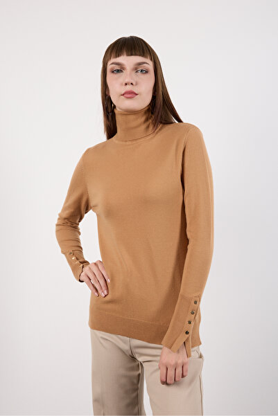 Moda Days Turtleneck Knit Blouse with Snap Fasteners on the Sleeves