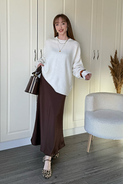 Dilay Gökoğlu Butik Satin Stylish Midi Brown Skirt