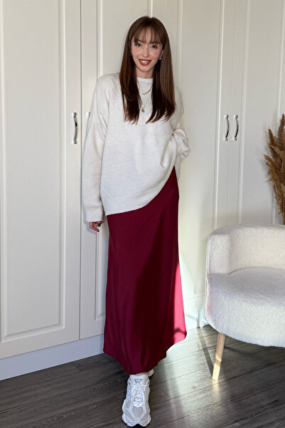Dilay Gökoğlu Butik Satin Stylish Midi Burgundy Skirt