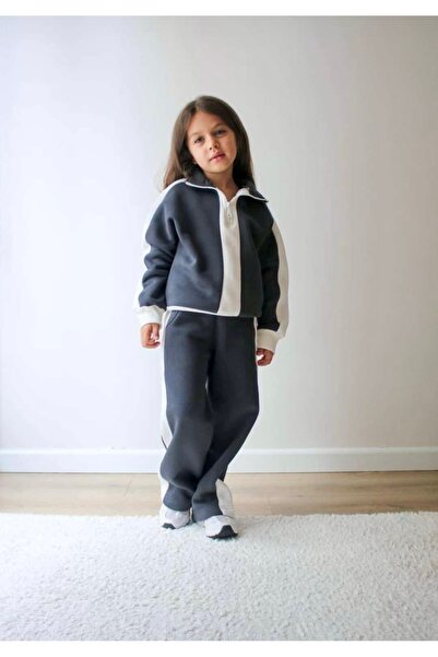 Şekerkids Girl's 3 Thread Cotton Sh Fleece-Lined Smoked Color Sh Striped Detail Winter Tracksuit Set