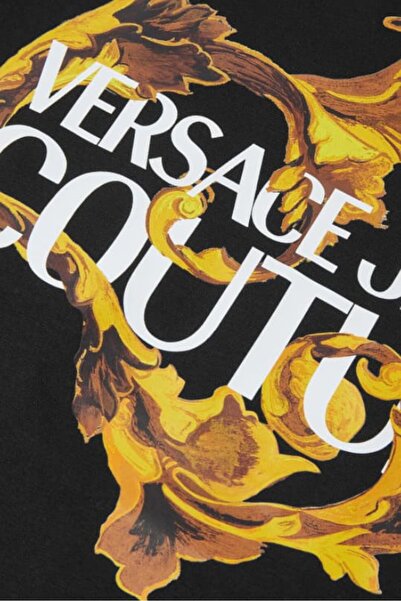 Versace Women's Regular Fit Baroque Patterned Letter Logo T-Shirt - Black/Gold Yellow