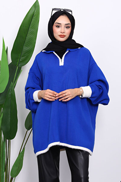 İmajButik Cobalt Blue Shirt Collar Zippered Knitwear Tunic