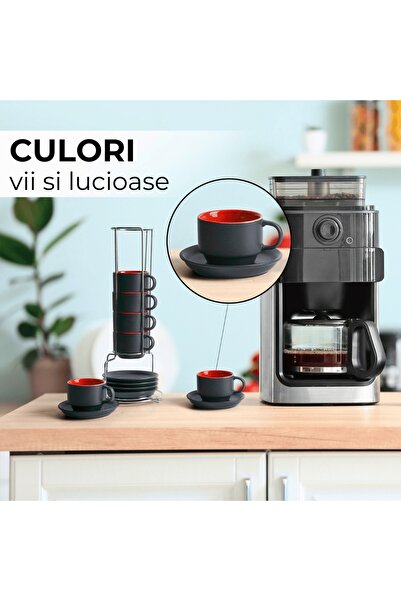 MIAMIO Set of 6 Espresso cups with saucer, Le Papillon collection, ceramic, red, 75 ml