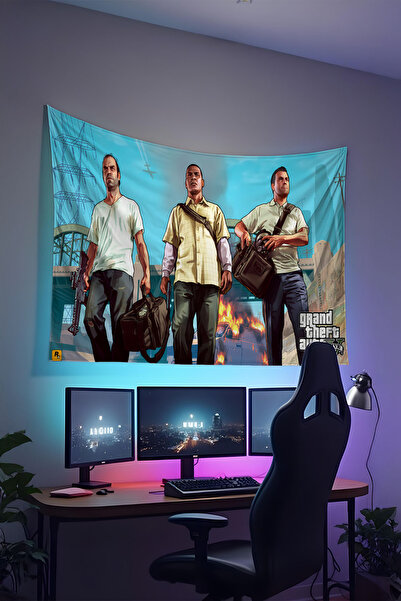 RUGRUMBA Tapiserie de perete GTA cu imprimeu – Tematică pentru jucători, țesă...