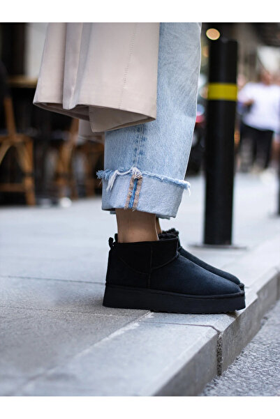 Extra Shoes İstanbul Mini Siyah Süet İçi Kürklü Kalın Taban Kadın Bot