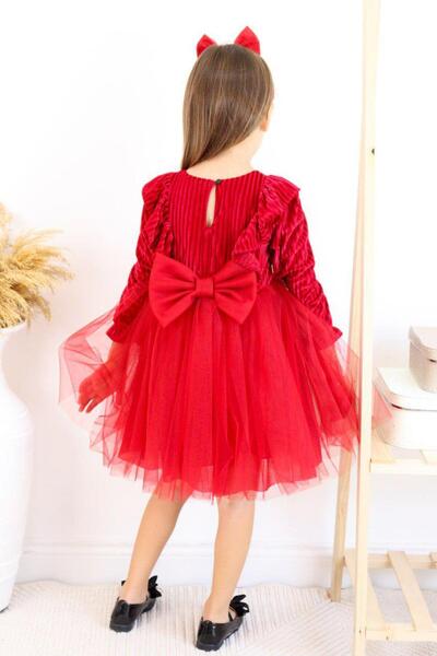 kidello Red Bow Velvet Baby Dress Pleated Ruffled Tulle
