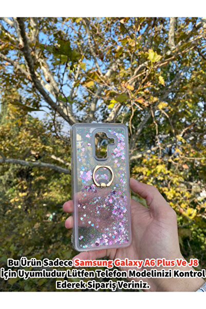 GtTech Samsung Galaxy A6 Plus Ve J8 Uyumlu Sulu Simli Yüzüklü Standlı Parlak Silikon Kılıf Pembe