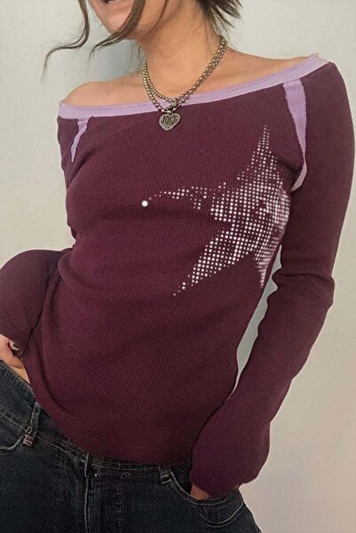 Karakedi Burgundy Lilac Shoulder Detail Star Long Sleeve Bodysuit