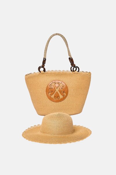 CXL by Christian Lacroix Women 2 Pcs Beach Bag And Bucket Hat Set, Tan