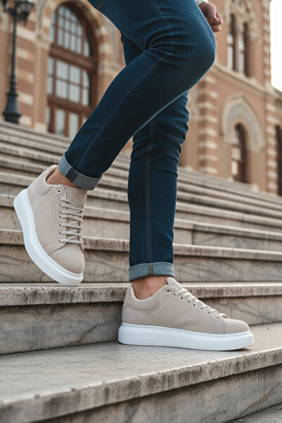 LUXEON Men's Beige White Casual Lace-Up Suede Sneakers High Thick Sole Comfortable Stylish Comfortable Sneaker