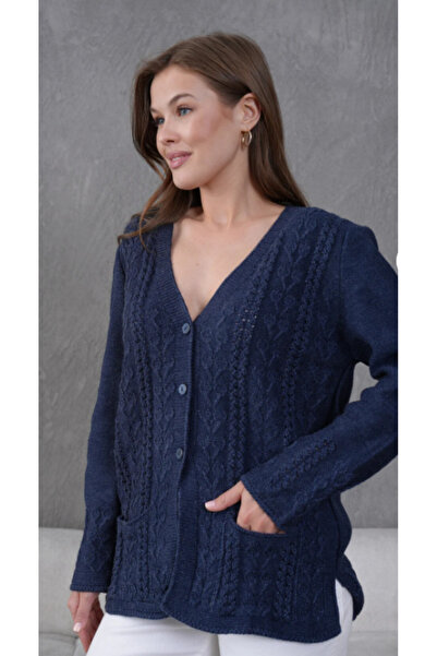 Elçelya Moda Women's Mother Plus Size Chain Flower Motif Buttoned Cardigan