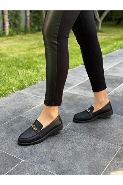 DİVA Μαύρο Skin Δερμάτινο Με αγκράφα Γυναικεία Casual Παπούτσια