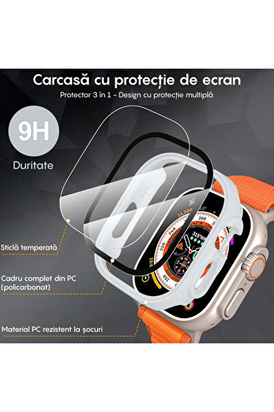 Casey Studios Husa cu Folie Apple Watch Ultra - 49MM, Policarbonat Dur, Slim, Anti-Soc Full Screen, Silver
