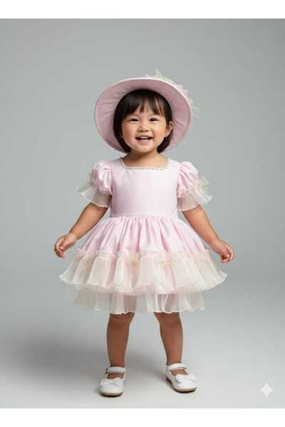 Minik Terzi Pliseli pembe fırfırlı elbise