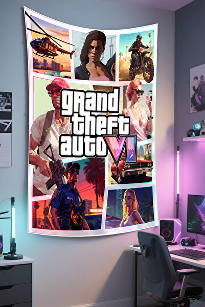 RUGRUMBA Tapiserie de perete GTA cu imprimeu – Tematică pentru jucători, țesătură de calitate, tapiserie de perete