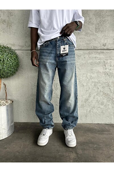 KağanKY Relax Baggy Jean με λεπτομέρεια ραφής και μπλε ναυτικό χρώμα