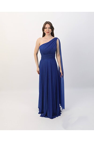 NONCONCEPTMODA Tek Omuzlu Pliseli Simli Tül Elbise