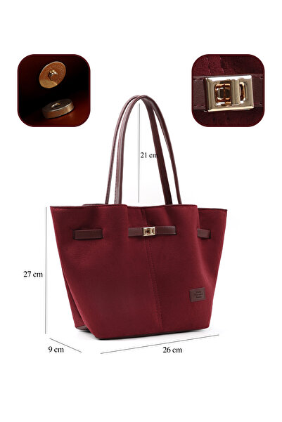 SHAKA Burgundy Suede Shk159 Suede Fabric, Lined, Snap Fasteners, Lock Detail Handbag, Shoulder Bag