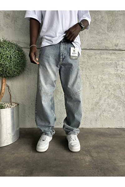 KağanKY Blugi largi, albastru, spălat, cu cusături decorative