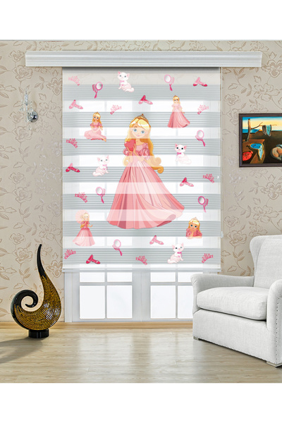 Yznhome Çocuk odası - Pembe Elbiseli Prenses Desenli Zebra Perde - YZN-752