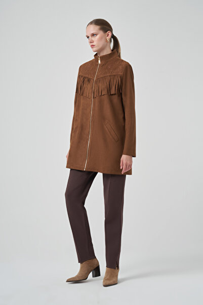 Nuss Tassel and Embroidery Detail Suede Jacket 6028 Tan