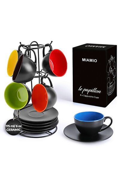 MIAMIO Set de 6 cești de cappuccino cu farfurie, colecția Le Papillon, ceramică, multicolor, 175 ml