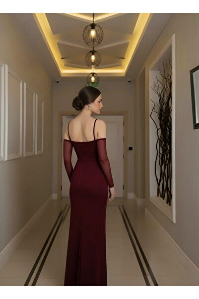 Modafeminen Scuba Flexible Fabric Front Stone Detailed Strap Evening Dress 583352 Bordo