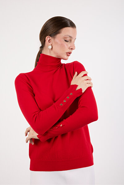 Moda Days Turtleneck Knit Blouse with Snap Fasteners on the Sleeves