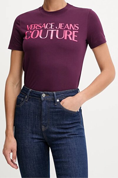 Versace Women's Regular Fit Shiny Letter Logo Crew Neck T-Shirt - Purple