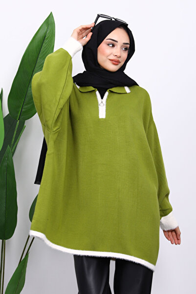 İmajButik Green Shirt Collar Zippered Knitwear Tunic