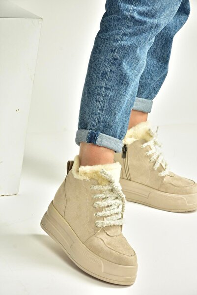 Fox Shoes V367343402 Bej Süet İçi Tüylü Kalın Tabanlı Kadın Bot