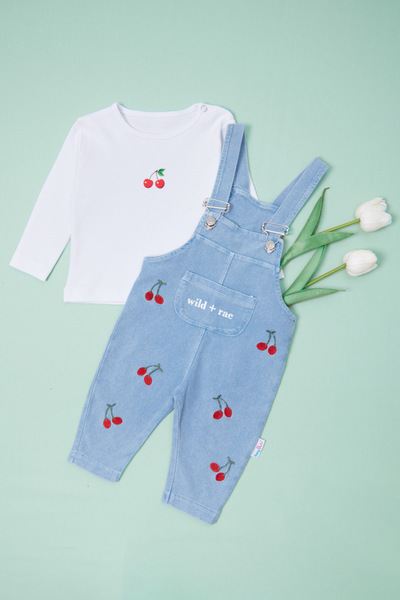 Fulla Moda 100% Cotton Cherry Embroidered Girls' 2-Piece Salopet Set