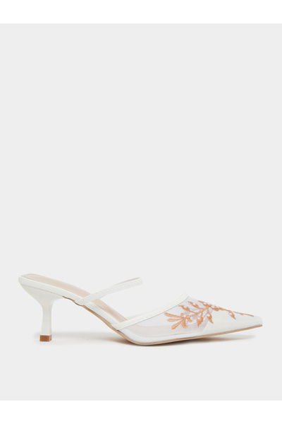 Styli White Embroidered Pointed Toe Mules