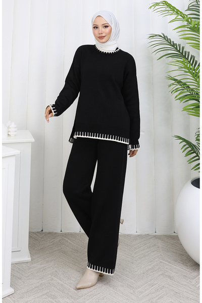 sefamerve Knitwear Eyelash Detailed Sweater Trousers Double Suit 0015-01 Black