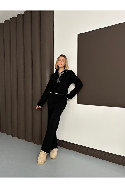 MODAMERSİ Women's Black Polo Neck Scarf with Shepherd Stitch Sweater Pants Knitwear Set