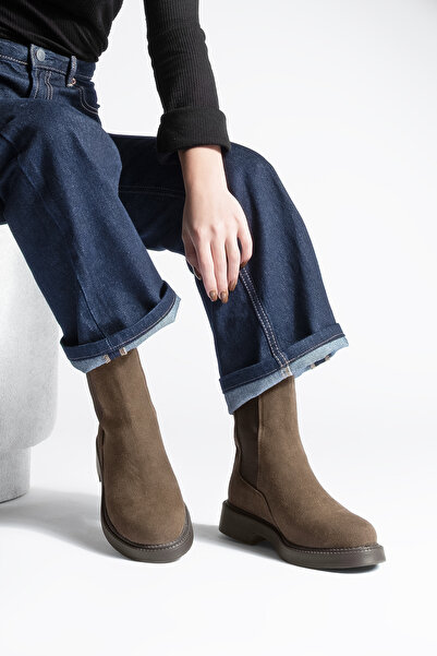 Marjin Women's Double Elastic Chelsea Casual Boots Panve Brown Suede