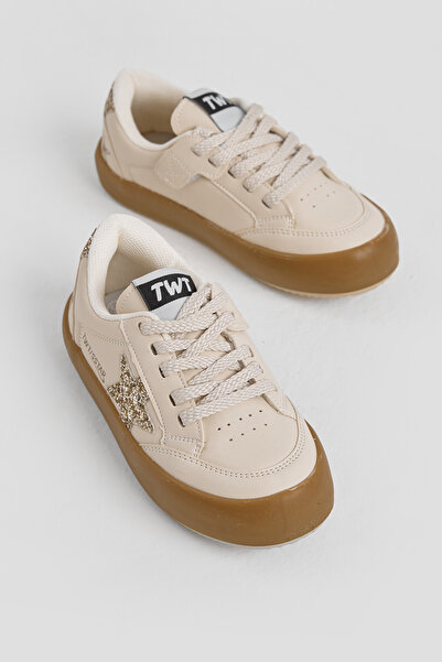 Tonny Black Children's Unisex Cream Gold Thermo Sole Star Detailed Lace-Up and Velcro Sports Shoes