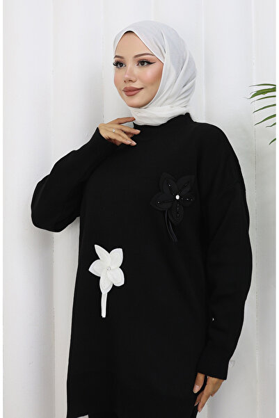 sefamerve Πλεκτά Παντελόνια Τουνίκ Λουλούδια Διπλό Σετ 1077-02 Μαύρο