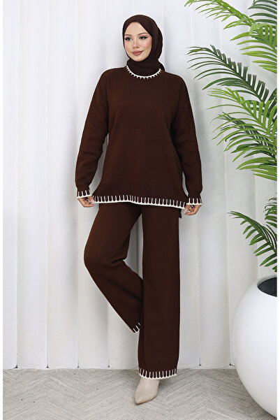 sefamerve Knitted eyelash detailed sweater pants double set 0015-07 brown