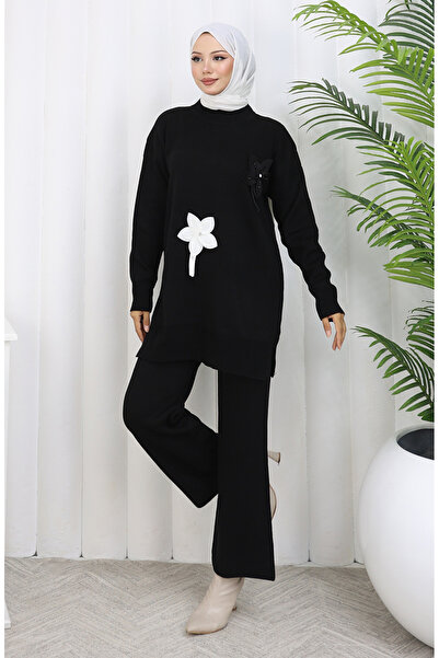 sefamerve Πλεκτά Παντελόνια Τουνίκ Λουλούδια Διπλό Σετ 1077-02 Μαύρο