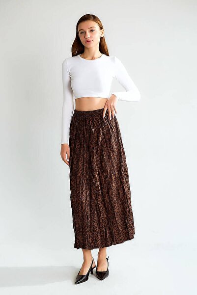 cemo Women's Leopard Print Elastic Waist Gathered Satin Midi Skirt Long Length Stylish Skirt