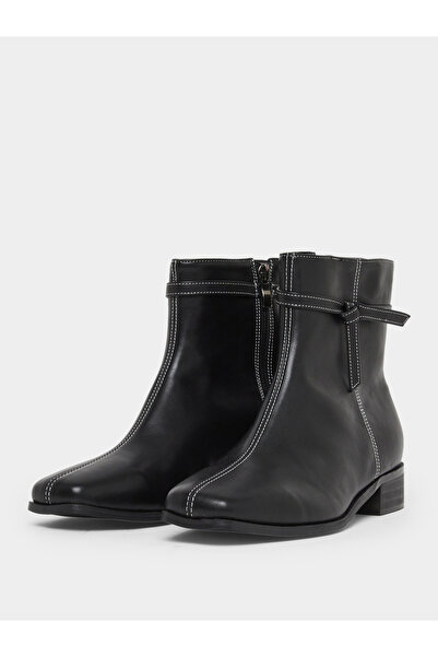 Styli Black Square Toe Ankle Boots with Knot Detail