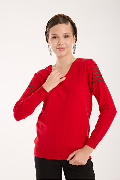 Moda Days Women's Red Glitter Fabric Detailed V-Neck Knitwear Blouse