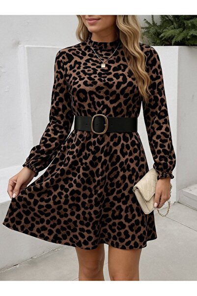 JANES    Women's Long Sleeve Half Turtleneck Leopard Print Velvet Dress