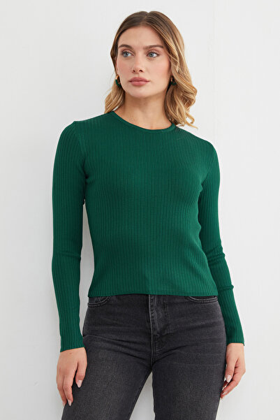 Fulla Moda Corded Fabric Crew Neck Thin Knit Sweater