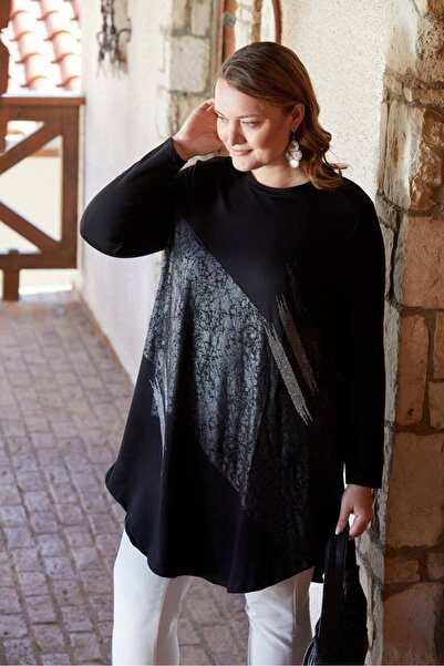 QUAWEAR Crew Neck Varak Printed Stone Detailed Asymmetrical Cut Combed Cotton Fabric Tunic