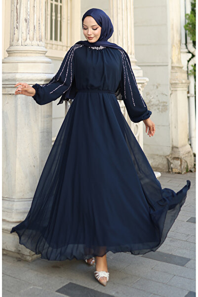 sefamerve Βραδινό φόρεμα σιφόν με πέτρες στο μανίκι 5804-02 Σκούρο μπλε